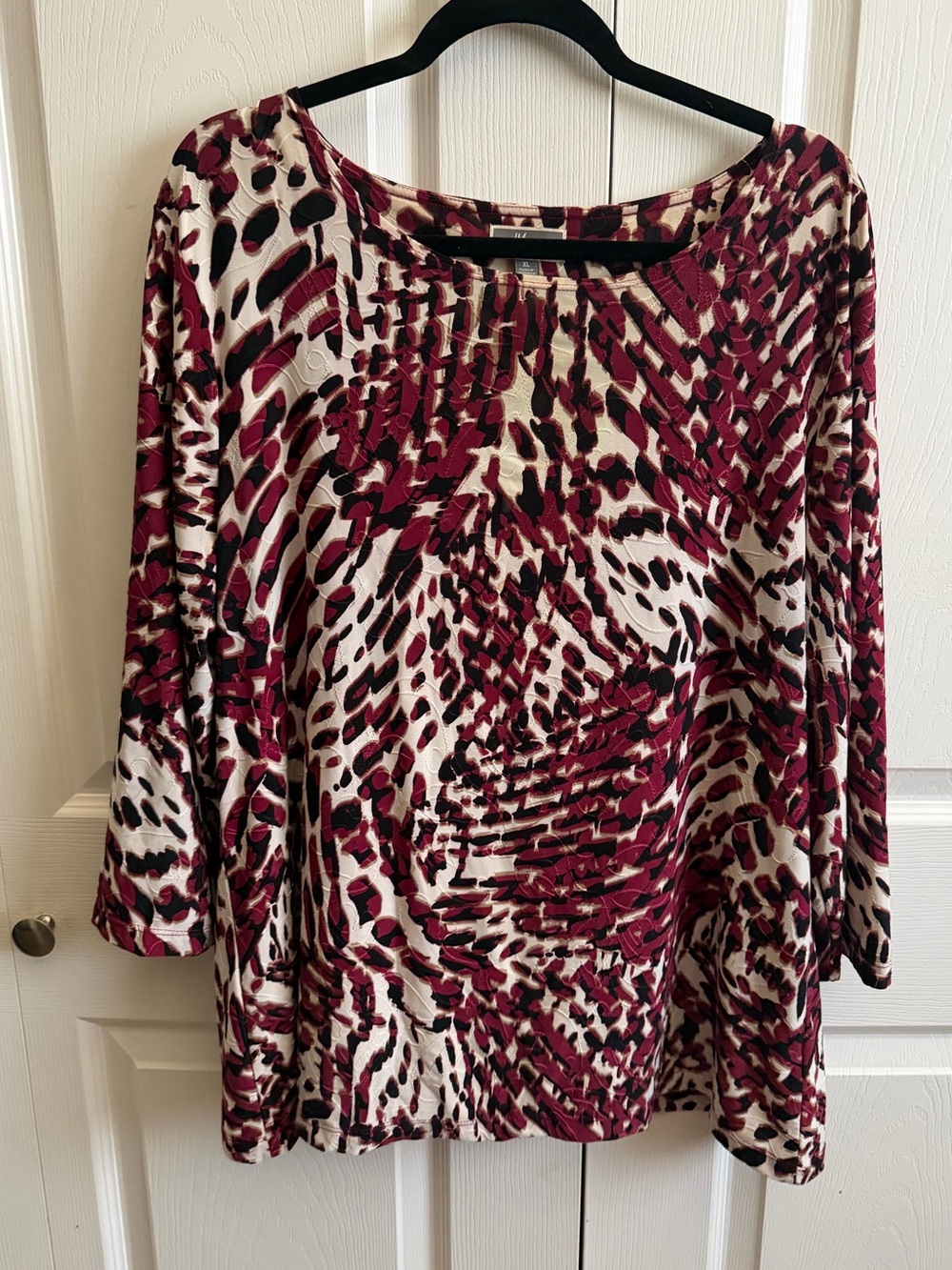 5 for $25! JM Collection Scoop Neck Printed Top in Burgundy, Black and Cream